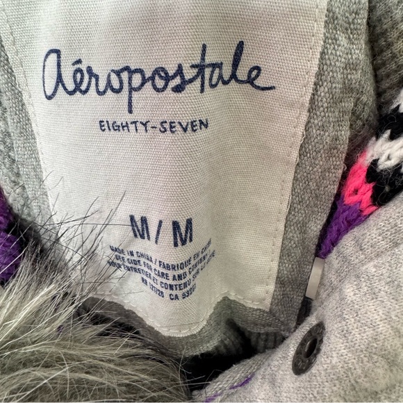 Aeropostale hoodie fur trim hood knit crochet neon inside hood zip up sweater - Picture 11 of 14